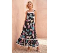 Roman Feather Print Ric Rac Maxi Dress In Black Black