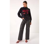 Roman Originals Festive Sequin Bow Knit Jumper for Women UK - Ladies Everyday Autumn Winter Funnel Neckline Comfy Soft Evening Vacation Work Party Night Out - Black - Size 12