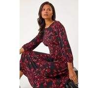 Roman Originals Women Gathered Chest Dress Ladies Stretchy Fit & Flare Swing Tea A Line Skater Knee Length Long Sleeve Midi Smart Casual Work Going Out Cocktail Party - Floral Red Noir - Size 16