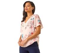 Roman Floral Angel Sleeve Top for Women UK - Ladies Spring Everyday Summer Holiday V-Neckline Comfy Cold Shoulder Detail Soft All Over Print Shirt Work Office Blouses - Light Pink - Size 18