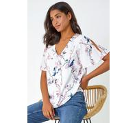 Roman Floral Angel Sleeve V-Neck Top In Ivory Ivory 18