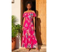 Roman Floral Tiered Bardot Belted Dress for Women UK - Ladies Spring Everyday Summer Holiday Maxi Length Comfy Short Sleeve Soft Fit & Flare Frock Vacation Gowns - Pink - Size 18
