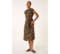 Roman Shirt Dress for Women UK Ladies Short Sleeve Sleeveless Belted Collared Midi Maxi Summer Spring Smart Casual Button Evening Office A Line Swing Skater - Green Mustard - Size 10