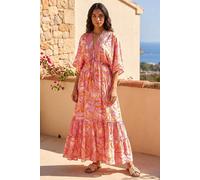 Roman Paisley Print Boho Maxi Dress for Women UK - Ladies Spring Everyday Summer Holiday V-Neckline Comfy Batwing Sleeves Soft Fit & Flare Frock Dinner Date Gowns - Floral Pink - Size 14