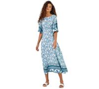 Roman Originals Floral Border Print Midi Dress for Women UK - Ladies Everyday Holiday Spring Summer Round Neckline Comfy Soft Evening Vacation Work Party - Light Blue - Size 12