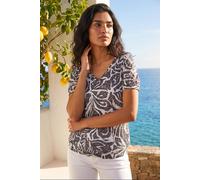 Roman Blouson Top for Women Ladies Bubble Hem Stretchy Jersey Puff Sleeve Summer Smart Casual Office Work Spring Everyday Evening Vacation Work Holiday V Neck - Floral Black - Size 16