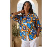 Roman Originals Shirt for Women Ladies Cotton Blouse Button Through Tunic Printed Top Work Long Sleeve Smart Casual Going Out Work Office V Neck Everyday Evening Event - Orange Floral - Size 14