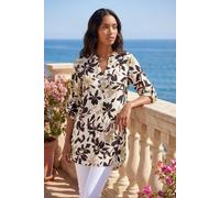 Roman Originals Shirt for Women UK Ladies Longline Top Collarless Blouse Smart Tunic Casual Evening Relaxed Fit 3/4 Length Sleeve Notch V Neck Long - Ivory Floral - Size 14