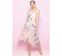 Roman Originals Women Floral Chiffon Frill Dress - Ladies Evening Formal Wedding Guest Special Occasion Summer Party Light Floaty Sleeveless Asymmetric Midi Dress - Light Pink - Size 14