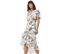 Roman Floral Chiffon Frill Tiered Midi Wrap Dress In Dark Green Dark Green 10