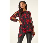 Roman Originals Floral Chiffon Layered Tunic Top for Women UK - Ladies Everyday Autumn Winter Round Neckline Comfy Soft Evening Vacation Work Party Night Out - Red - Size 10