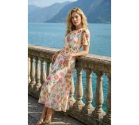 Roman Floral Print Pleat Neck Midi Dress for Women UK Ladies Spring Everyday Summer Holiday Round Neckline Comfy Short Sleeve Soft Fit & Flare Frock Dinner Date - Floral Ivory - Size 12