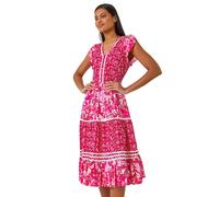 Roman Floral Contrast Stitch Midi Dress In Pink Pink 20