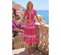 Roman Floral Contrast Stitch Midi Dress In Pink Pink