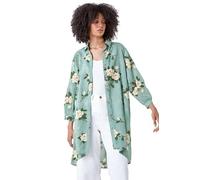 Roman Floral Cotton Blend Longline Shirt for Women UK - Ladies Spring Everyday Summer Holiday Classic Collar Comfy 3/4 Sleeve Soft Button Down Blouse Vacation Tops - Sage - Size 16