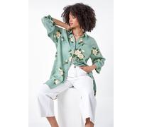 Roman Floral Cotton Blend Longline Shirt for Women UK - Ladies Spring Everyday Summer Holiday Classic Collar Comfy 3/4 Sleeve Soft Button Down Blouse Vacation Tops - Sage - Size 14