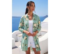 Roman Floral Cotton Blend Longline Shirt for Women UK - Ladies Spring Everyday Summer Holiday Classic Collar Comfy 3/4 Sleeve Soft Button Down Blouse Vacation Tops - Sage - Size 16 Green