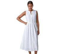 Roman Floral Cotton Broderie Midi Dress for Women UK - Ladies Spring Everyday Summer Holiday V-Neckline Comfy Sleeveless Soft Fit & Flare Frock Vacation Gowns - White - Size 16