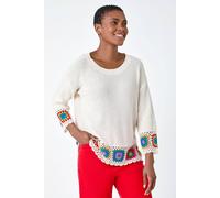 Roman Floral Crochet Hem Cotton Jumper for Women UK - Ladies Spring Everyday Summer Holiday Round Neckline Comfy 3/4 Sleeve Soft Relaxed Fit Top Sunny Beach Sweaters - Ivory - Size 16