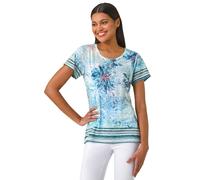 Roman Floral Diamante Contrast Stretch Top In Blue Blue 18