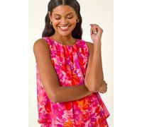 Roman Originals Floral Double Layered Pleated Top for Women UK - Ladies Everyday Holiday Spring Summer Round Neckline Comfy Soft Evening Vacation Work Party - Pink - Size 20