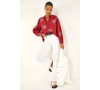 Roman Originals Ruffle Front Tie Neck Blouse for Women UK - Ladies Everyday Autumn Winter Round Neckline Comfy Soft Evening Vacation Work Party Night Out - Floral Burgundy - Size 14