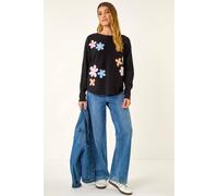 Roman Originals Floral Embroidery Knit Jumper for Women UK - Ladies Everyday Holiday Spring Summer Crew Neckline Comfy Soft Evening Vacation Work Party - Noir - Size ONE