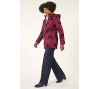 Roman Originals Flock Padded Coat with Hood For Women UK - Ladies Flock Quilt Quilted Waterproof Windproof Autumn Winter Everyday Animal Floral Print Funnel Neckline - Burgundy - Size 18