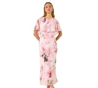 Roman Floral Frill Chiffon Cape Midi Dress for Women UK - Ladies Spring Everyday Summer Holiday Round Neckline Comfy Short Sleeve Soft Fit & Flare Frock Dinner Date Gowns - Pink - Size 10