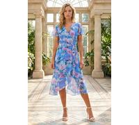 Roman Originals Frill Dress for Women UK Ladies Summer Wrap Chiffon Frill Hem Layered Belted Midi Maxi Tiered Cape Special Occasion Fit & Flare Wedding Guest Swing Skater - Light Blue Pink - Size 20