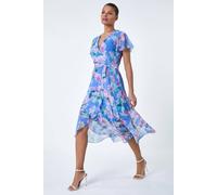 Roman Originals Frill Dress for Women UK Ladies Summer Wrap Chiffon Frill Hem Layered Belted Midi Maxi Tiered Cape Special Occasion Fit & Flare Wedding Guest Swing Skater - Light Blue Pink - Size 14