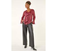 Roman Originals Floral Frill Metallic Blouse for Women UK - Ladies Everyday Autumn Winter V-Neckline Comfy Soft Evening Vacation Work Party Night Out - Pink - Size 18