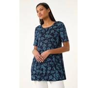 Roman Originals Swing Top with Pockets for Women UK Ladies Hanky Hem Asymmetric Tunic Blouse Longline Long Stretch Jersey Casual Round NeckTee Shirt T-Shirt - Floral Blue - Size 14