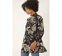Roman Originals Floral High Neck Swing Top for Women UK - Ladies Everyday Autumn Winter High Neckline Comfy Soft Evening Vacation Work Party Night Out - Black - Size 14