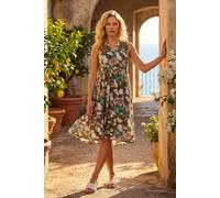 Roman Originals Cotton Tropical Lace Detail Tiered Dress for Women UK - Ladies Everyday Holiday Spring Summer V-Neckline Comfy Soft Evening Vacation Work Party - Floral Khaki - Size 18