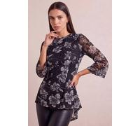 Roman Originals Floral Lace Stretch Top for Women UK - Ladies Everyday Autumn Winter Round Neckline Comfy Soft Evening Vacation Work Party Night Out - Charcoal - Size 10