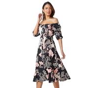 Roman Floral Linen Blend Bardot Midi Dress for Women UK - Ladies Spring Everyday Summer Holiday Short Sleeve Soft Elasticated Neckline Comfy Fit & Flare Frock Vacation Gowns - Black - Size 8