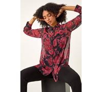 Roman Floral Longline Button Detail Shirt In Red Red 10