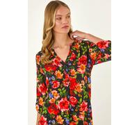 Roman Originals Shirt for Women UK Ladies Top Collarless Blouse Stretchy Tunic Smart Casual Autumn Winter Jersey 3/4 Length Sleeve Notch V Neck Flattering Office Work - Red Floral - Size 14