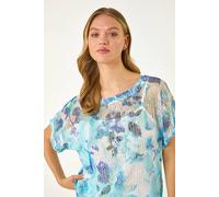 Roman Mesh Overlay Floral Print Blouse for Women UK - Ladies Smart Top Casual T-Shirt Summer Spring Flower Printed Mesh Layer Stretch Jersey Comfy Tee Shirt - Blue - Size 10