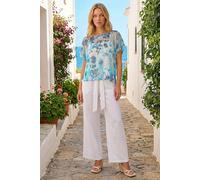 Roman Originals Mesh Overlay Floral Print Blouse for Women UK - Ladies Smart Top Casual T-Shirt Summer Spring Flower Printed Mesh Layer Stretch Jersey Comfy Tee Shirt - Floral Blue - Size 16