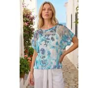 Roman Mesh Overlay Floral Print Blouse for Women UK - Ladies Smart Top Casual T-Shirt Summer Spring Flower Printed Mesh Layer Stretch Jersey Comfy Tee Shirt - Blue - Size 14