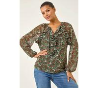 Roman Floral Mesh Print Gathered Top In Green Green 10