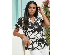 Roman Floral Mono Print V-Neck Top In Black Black