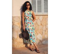 Roman Floral Pleated A-Line Midi Dress In Turquoise Turquoise