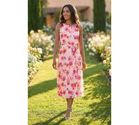 Roman Animal Print Pleated Chiffon Dress for Women UK - Ladies Spring Everyday Summer Holiday Round Neckline Comfy Sleeveless Soft Fit & Flare Frock Midi Length Gowns - Pink Floral - Size 14