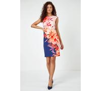 Roman Originals Scuba Dress for Women UK - Ladies Shift Swing Linear Floral Print Spring Everyday Summer Evening Vacation Work Holiday Short Sleeve Smart Casual Luxe Stretch - Navy Orange - Size 18