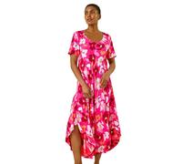 Roman Originals Floral Print Asymmetric Hem T-Shirt Dress for Women UK - Ladies Everyday Holiday Spring Summer Round Neckline Comfy Soft Evening Vacation Work Party - Pink - Size 12