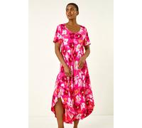 Roman Originals Floral Print Asymmetric Hem T-Shirt Dress for Women UK - Ladies Everyday Holiday Spring Summer Round Neckline Comfy Soft Evening Vacation Work Party - Pink - Size 12