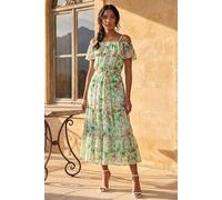 Roman Originals Spot Print Bardot Midi Dress for Women UK - Ladies Everyday Holiday Spring Summer Comfy Soft Evening Vacation Work Party - Mint - Size 18